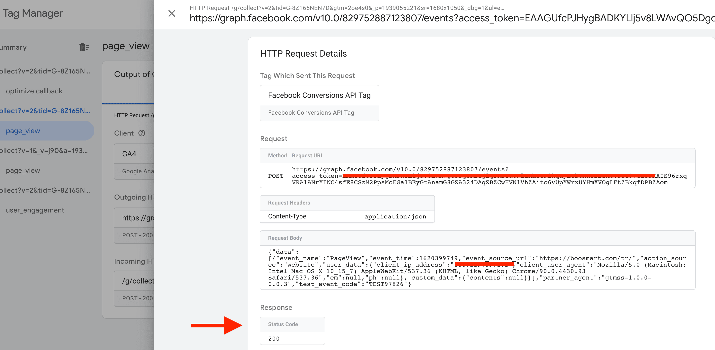 gtm server container'da facebook conversion api request'ini görüntüleme