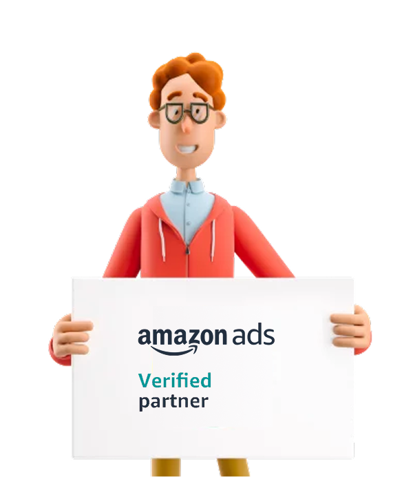 Elinde Amazon Ads logosunun yer aldığı beyaz bir tabela tutan 3D karakter.