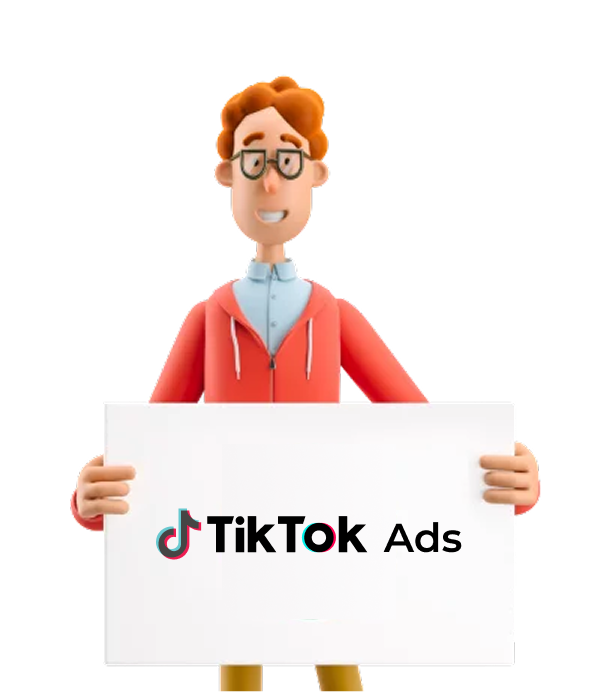 Elinde TikTok Ads logosunun yer aldığı beyaz bir tabela tutan 3D karakter.