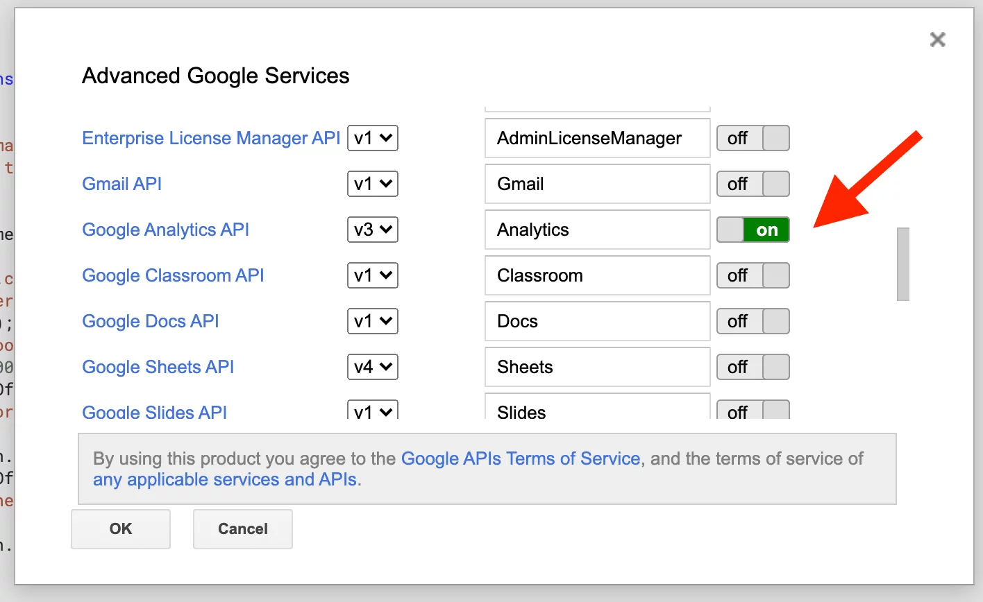 google apps script'te analytics api etkinleştirme