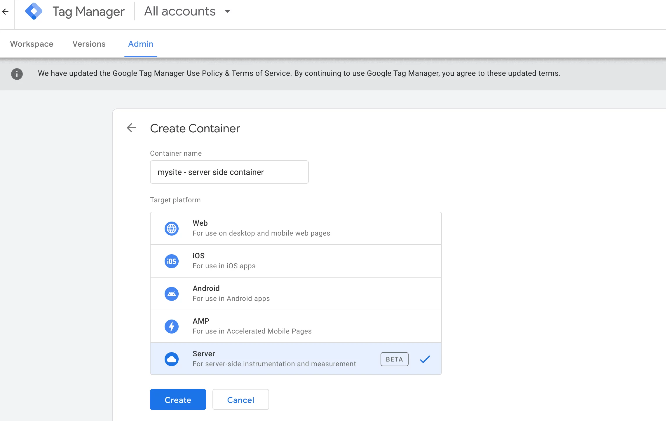 gtm server side container oluşturulması