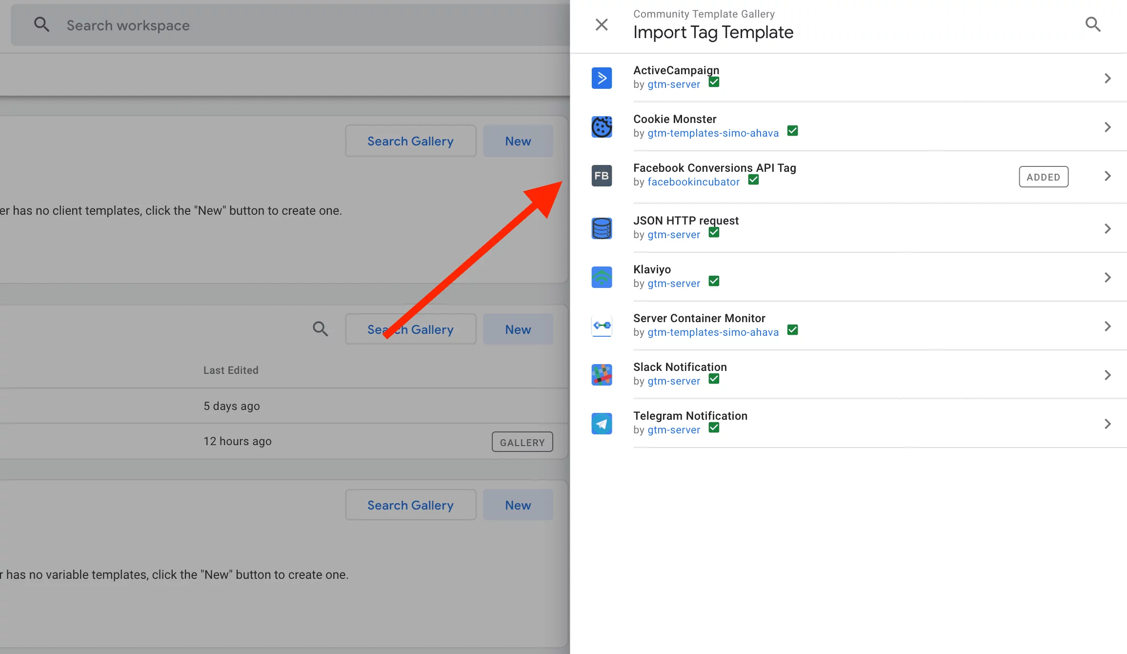 server container'da facebook conversion api template seçimi