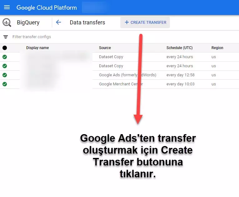 bigquery'de transfer oluşturma