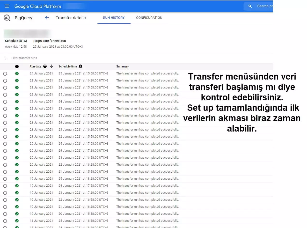 bigquery transfer geçmişi