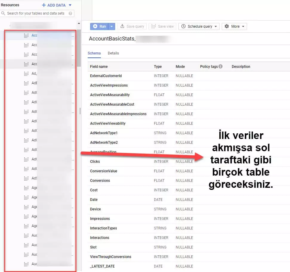 bigquery google ads tablolar