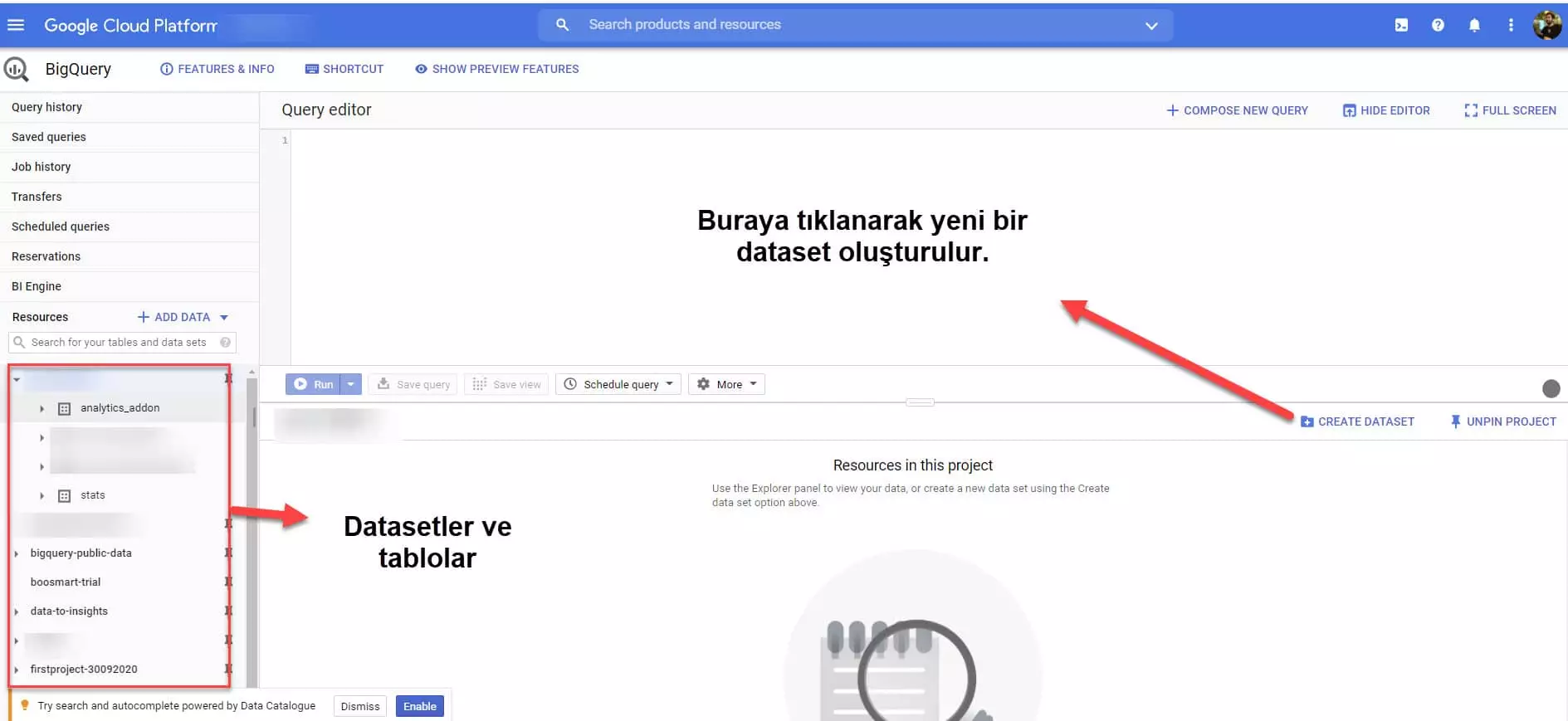 big query'de dataset oluşturmak