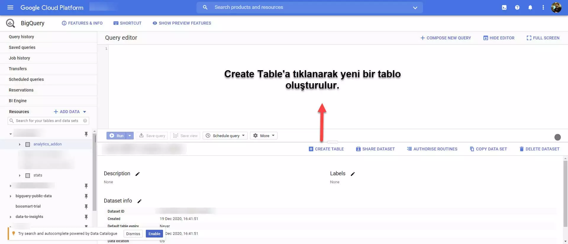 big query'de tablo oluşturmak