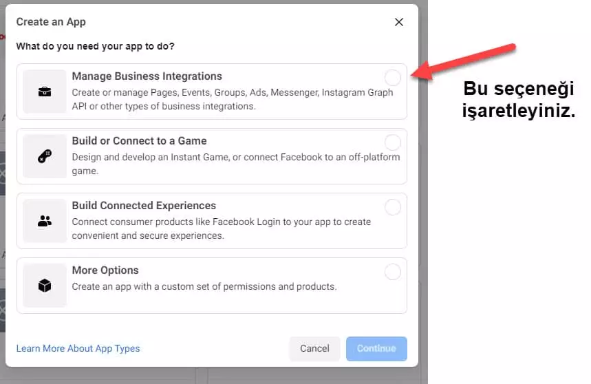 facebook developer app seçenekleri