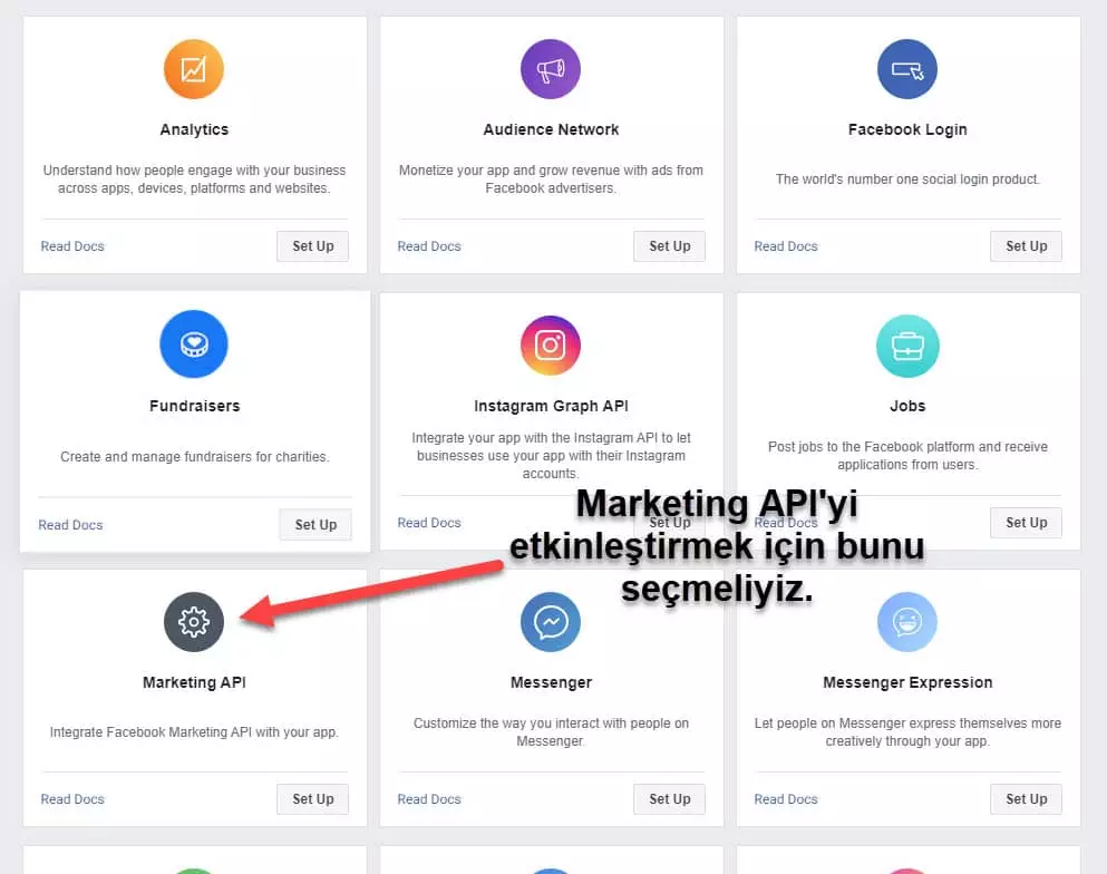 facebook developer marketing api etkinleştirme