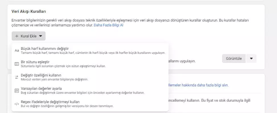 facebook catalog'daki kural seçenekleri