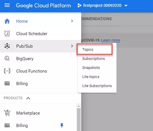 google cloud platformda topic oluşturma