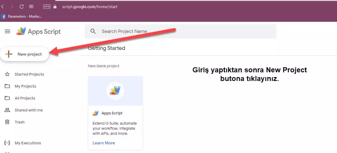 google apps script'te yeni proje oluşturma