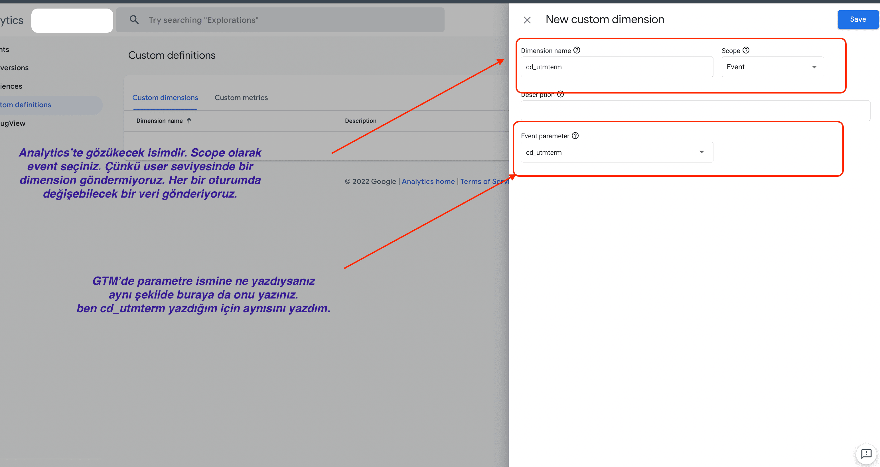 google analytics 4'te dimension kaydetme