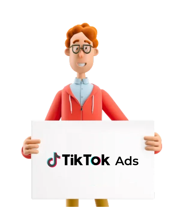 3D character holding a white sign with the TikTok Ads logo.