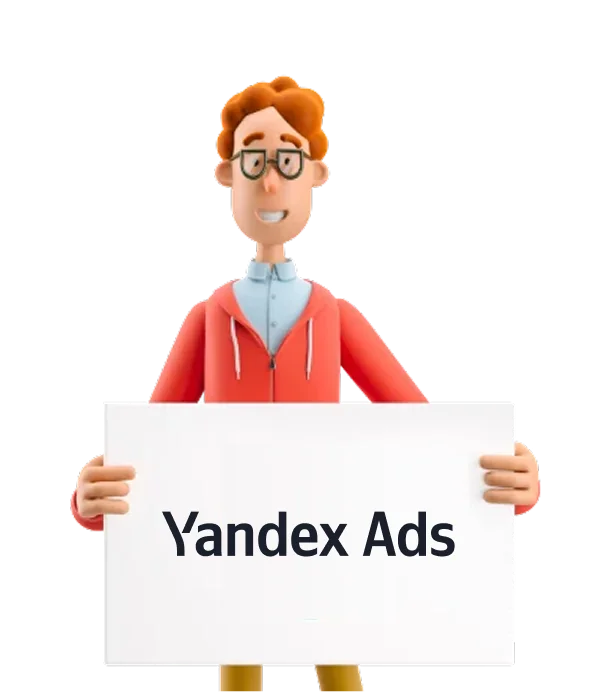 Elinde Yandex Ads logosunun yer aldığı beyaz bir tabela tutan 3D karakter